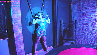 Busty Curvy Girl Tied up Gets Fucked Standing up at a Swingers Club. She Sucks Two Cocks at Once From Strangers