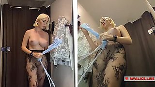 Blonde MILF with Huge Tits Try On Haul in Mall Fitting Room - Mycandyalice Public Nudity