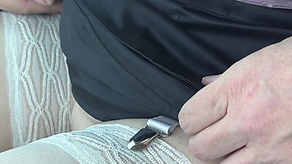 Exhibition in Micro Satin Skirt Without Panties and Transparent Pink Top in Public