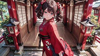 Taboo First Encounter at the Shrine, Kneeling in the Corridor While Stroking Her Hair