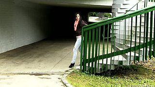Brunette Flashing Her Titties And Pussy Outdoors In Public