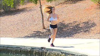 Sporty blonde teen Dakota jogs and takes off her clothes along the way
