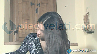 Adorable Chiara trying new boots on pantyhose feet