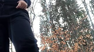 Outdoor solo masturbation scene with curly blonde