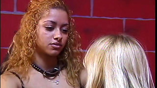 Fat blonde in red corset sucks redhead's boob
