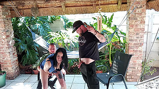 Hot girl playing with two old man's cocksb