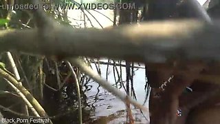 Skinny African Girl Dolcina Surprised by Dickmatiser Outdoor Bathing in Forest