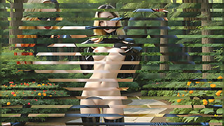 Beautiful Nude Woman Urinating While Four Fingers Stretch Pussy in Jasmine Garden