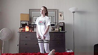 HOT TINY teen 18+ Seductive Step Sister Fucks Grounded Brother In Thigh Highs