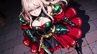Blonde Hentai Knight Lounges Teasingly in Red and Green Armor as Her Silver-Haired Partner Kneels to