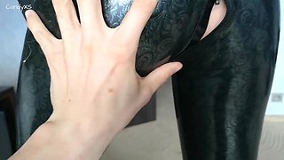 Slim Blonde Babe In Sexy Latex Leggings Let Her Stepdad Fuck & Creampie Her Before Going For a Walk