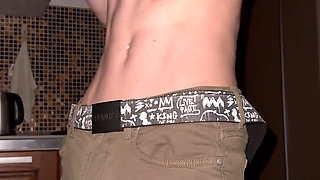 The guy undresses and unbuttons the fly, jerks off and cums a lot on the floor