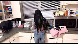 Sex in the Kitchen with Petite Ebony Wife Who Never Got Fuck in the Ass Before
