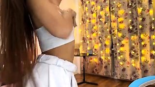 Small titted brunette teen fingering on the bed