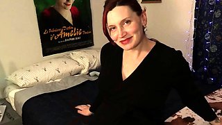 Busty curly brunette with big boobs fucks on couch