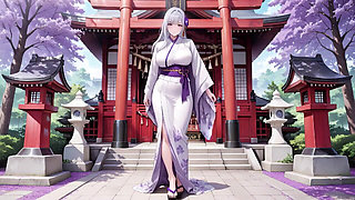 Silver-haired Miko Shrine Secrets! Half-unbuttoned White Kimono, Kneeling Poses and Intense Eye Contact.