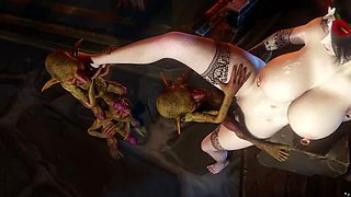 Huge Boobs Asian MILF Gangbang by Monster Dicks in 3D Cartoon