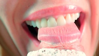 Close-up Tongue Teasing Blowjob by Blonde Amateur Milf