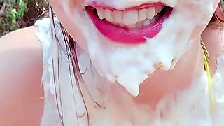 Lola Leda takes a MASSIVE Cream pie outdoors!!