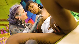 Inked Girls Hard Strap-on Squirting and Piss