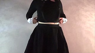 Hot girl in Wednesday cosplay teases you, massaging and riding her dildo and imaginig that its your cock