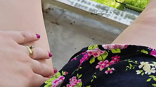 MILF playing outside on the front porch in plain view of the street and neighbors