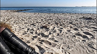 My Walk Without Panties Near the Bridge and the City Beach Along the Sea