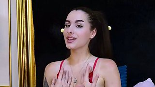 Small titted brunette Sharron with glasses masturbates