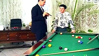 Brunette in Red Dress Fucked on Desk and Pool Table