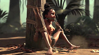 African Girl Bound in Rope Bondage - Hairy Wet Pussy Craving for Cock
