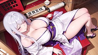 Silver-haired Miko Shrine Secrets! Half-unbuckled White Kimono, Getting down on all fours Poses and Mighty Eye Contact.