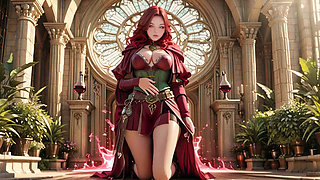 Red Haired Sorceress Awakens! Kneeling in the Gothic Cathedral, golden halos surround her as her skirt lifts.