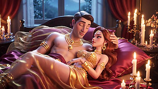 Erotic Fantasy Romance - Golden Jewelry Couple Deep Kissing & Bed Play