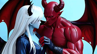 Blue devil girl and red devil man, perfect blowjob, 3P, multiple people