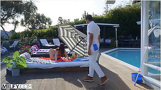 Alex Jones And Syren Demer In Curvy Mature Syren Rides His Young Cock Poolside