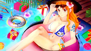 Nami from One Piece in a steamy manga scene featuring Luffy
