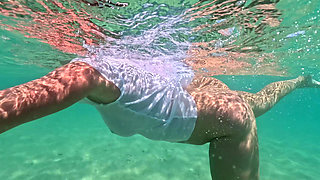 MILF Underwater in Sheer White T-shirt No Panties, Bare Pussy & Ass Close-ups