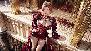 Red Queen on the Golden Throne! Deep velvet gown, lazy chin rest, and a gaze that locks onto you.