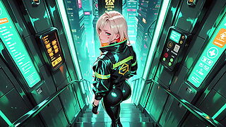 Neon Rain Night! Blonde Agent in Wet Leather Crouching Low, Holographic Glow & Cold Glances.