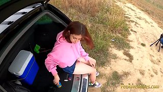 Smoking Redhead with Full Bladder Pisses Outdoors