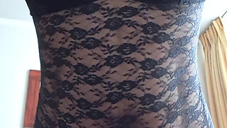 MILF, wearing lace and with pubic hair, posing for the camera with her young lover