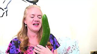 Horny Mature Blonde Fucks Her Pussy With Big Cucumber And Vibrator