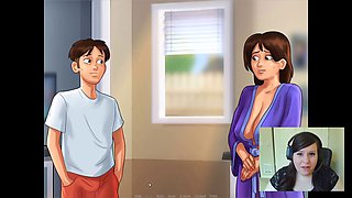 Summertime Saga marathon with a big-boobed gamer giving a handjob all night long