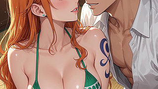 Nami is a slut, she heats her best friend until she eats his big cock and swallows his milk - AI-generated content