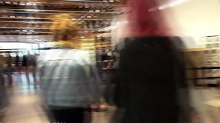 Sensuous blonde teen flashing her perky tits in public