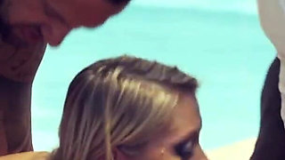 Take Me 2 in Front of the Pool, My Boyfriend and the Neighbor Make Me Cum and I Drink Their Cum!
