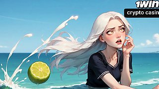 A sexy, hard-core beach honey is having an climax with