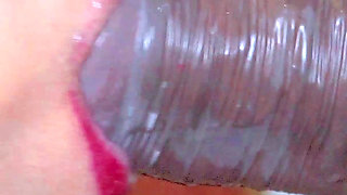 Closeup- Desi Bhabhi Condom Blowjob! Cum in Condom with Red Lipstic