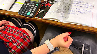 High Schoolgirl Stroking Him off in Math Class Under the Table. at College