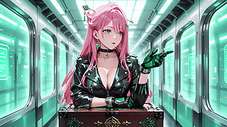 Pink-Haired Leather Tech! Private vibes in a neon-lit cyber corridor.